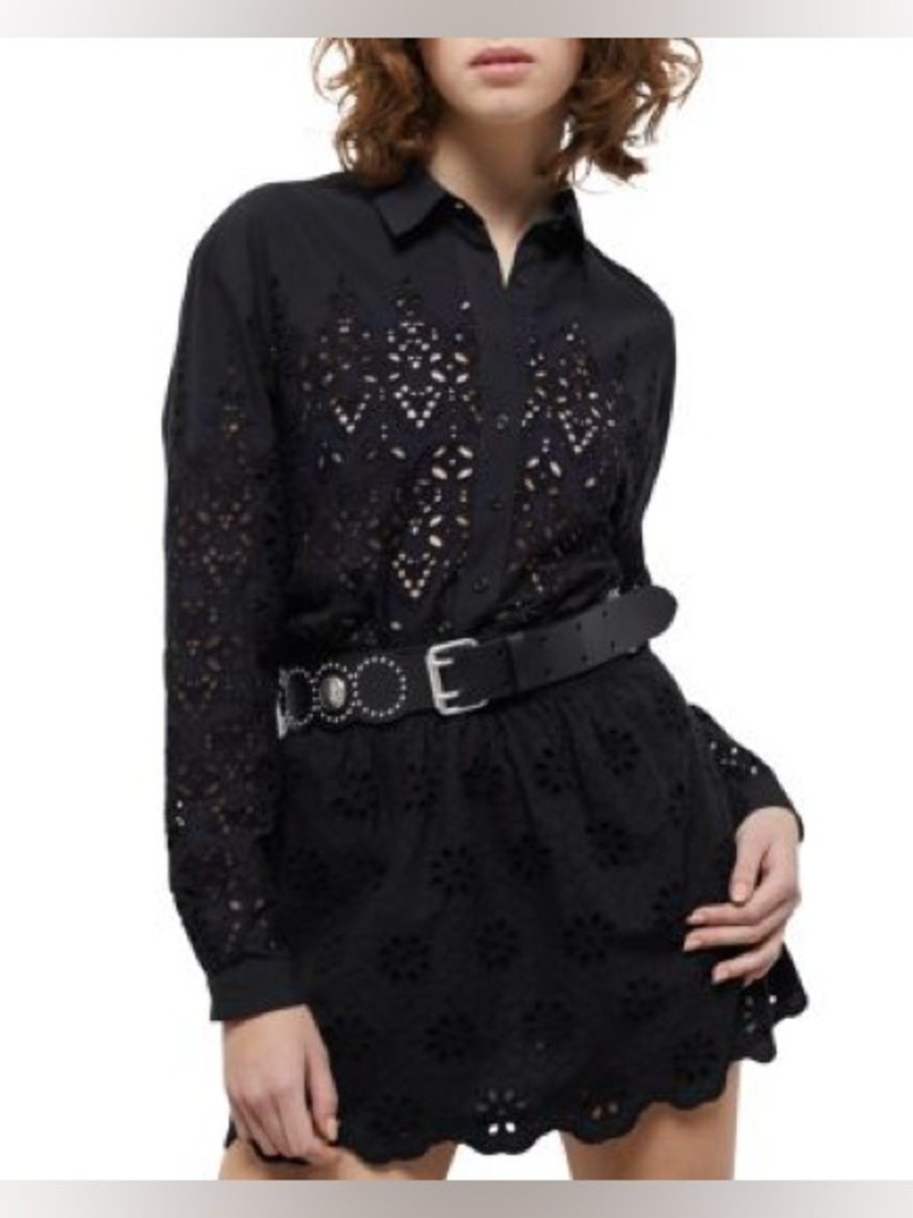[NWT] $195 THE KOOPLES Cropped Black Eyelet Button-Down Shirt. FR 1, US Small.